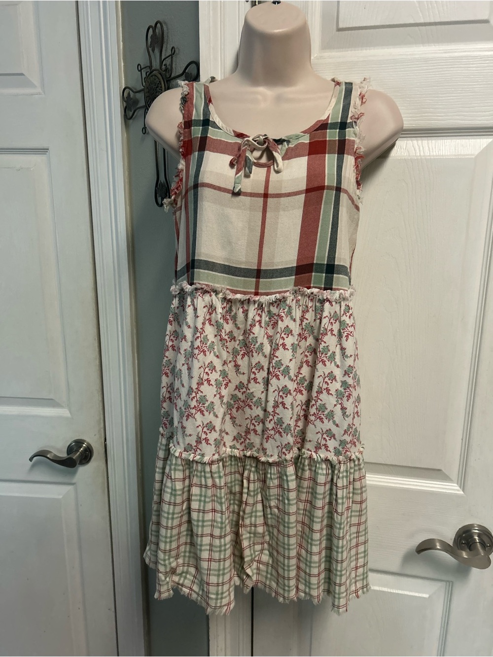 True Craft Womens Plaid & Floral Tiered Dress Fringe Mixed Print Tiered Cowgirl